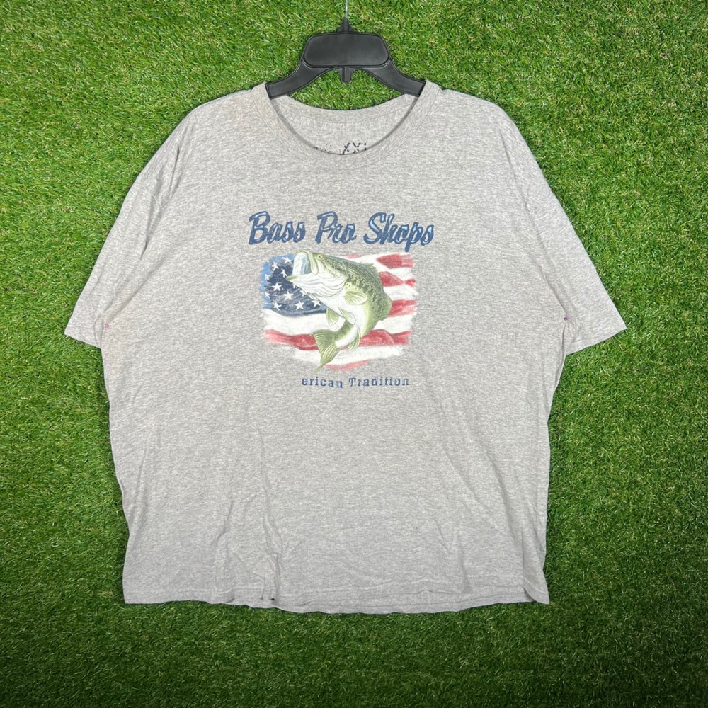 Bass Pro Shops Mens XXL Gray Graphic T-Shirt‎ American Flag Bass Fish 4493
